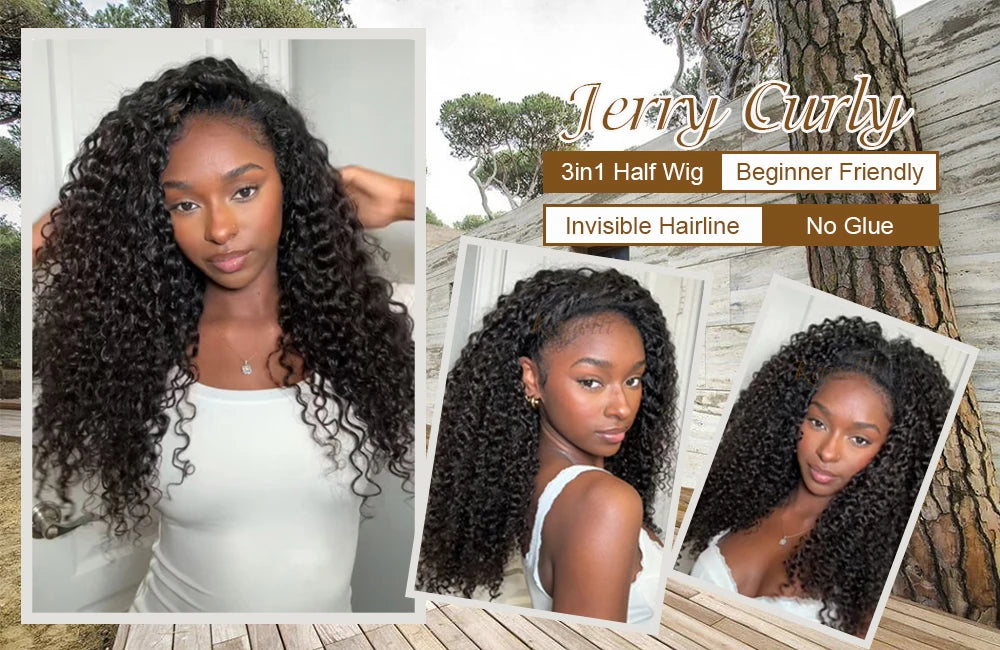 Demi-Perruque Cheveux Humains 180% | Kinky Curly | Invisible Hairline | Cordon Coulissant | 3 en 1