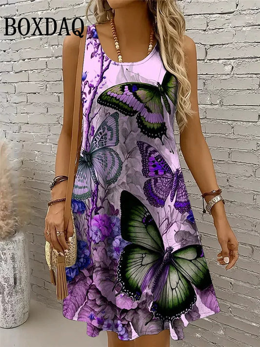 Dresses For Women 2025 Women Vacation Beach Summer Vest Butterfly Flowers Loose Dress Sundress Casual 3D Print Sleeveless Dress
