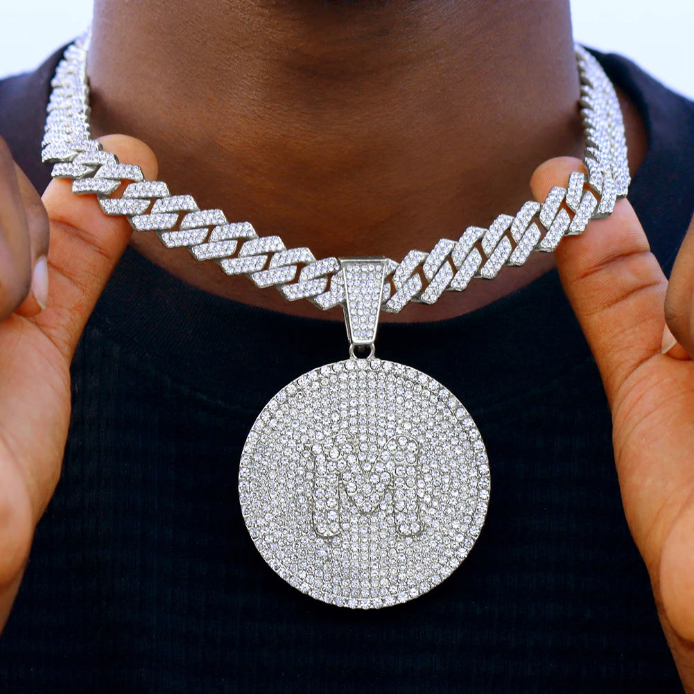 Men's Initial Name Pendant Necklace with Hip Hop Iced Out Rhinestone Paved Cuban Link Chain Necklace Fashion Birthday Jewelry Gift