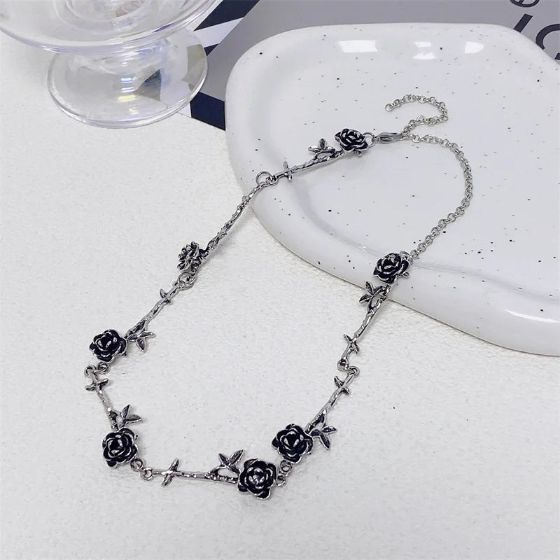 Double Layer Red Crystal Rose Pendant Necklace Layered Necklaces Thorn Rose Clavicle Chain Choker Earrings Goth Jewelry Set Gift