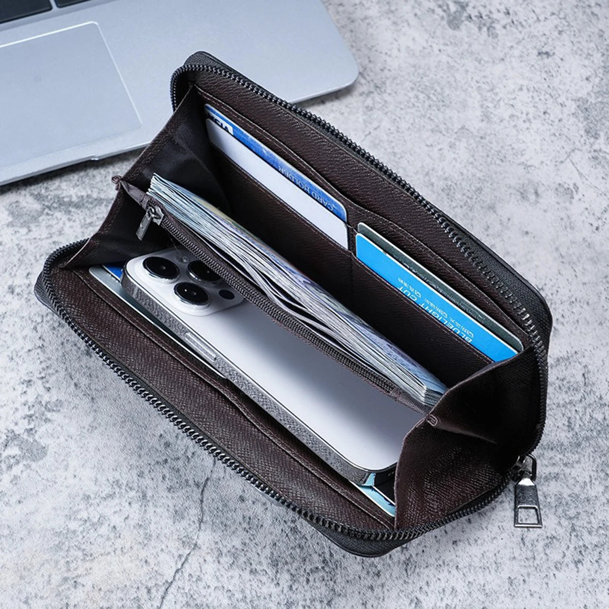 Men's Long Wallet Large Capacity Multiple Card Slots Canvas Zippered Purse Business Handbag Card Holder Wallet Coin Bag
