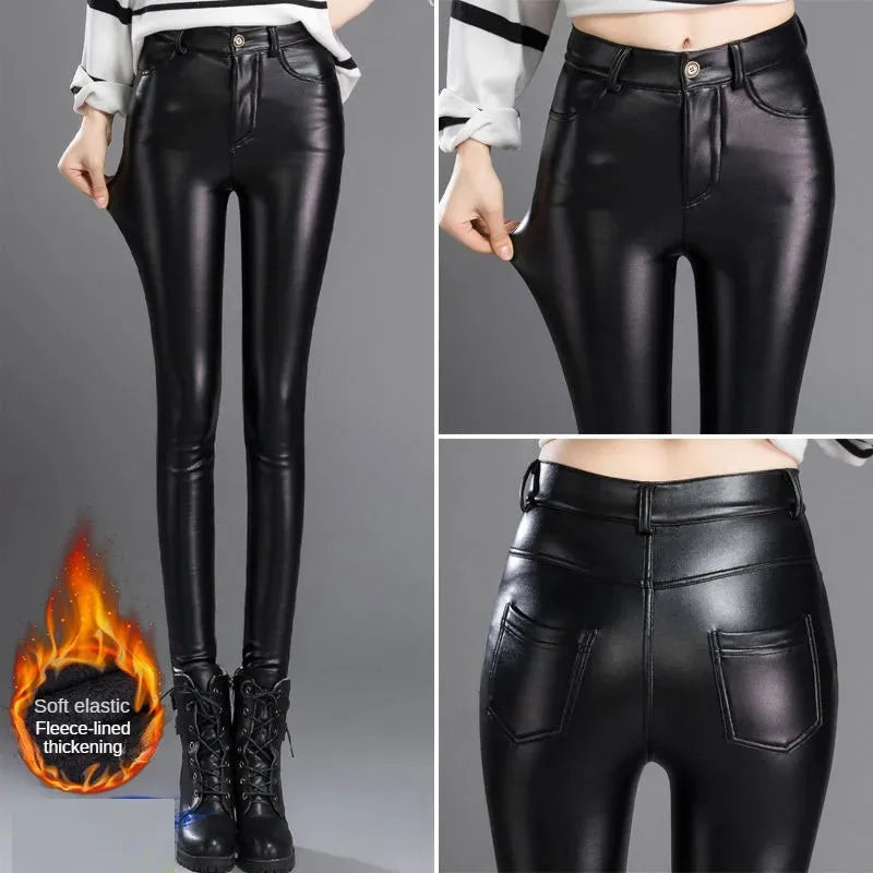 Pantalon Femme Cuir PU Cachemire | Taille Haute Slim Chaud | Polaire Intérieure | Automne-Hiver 2024 | Noir | S à XXXL