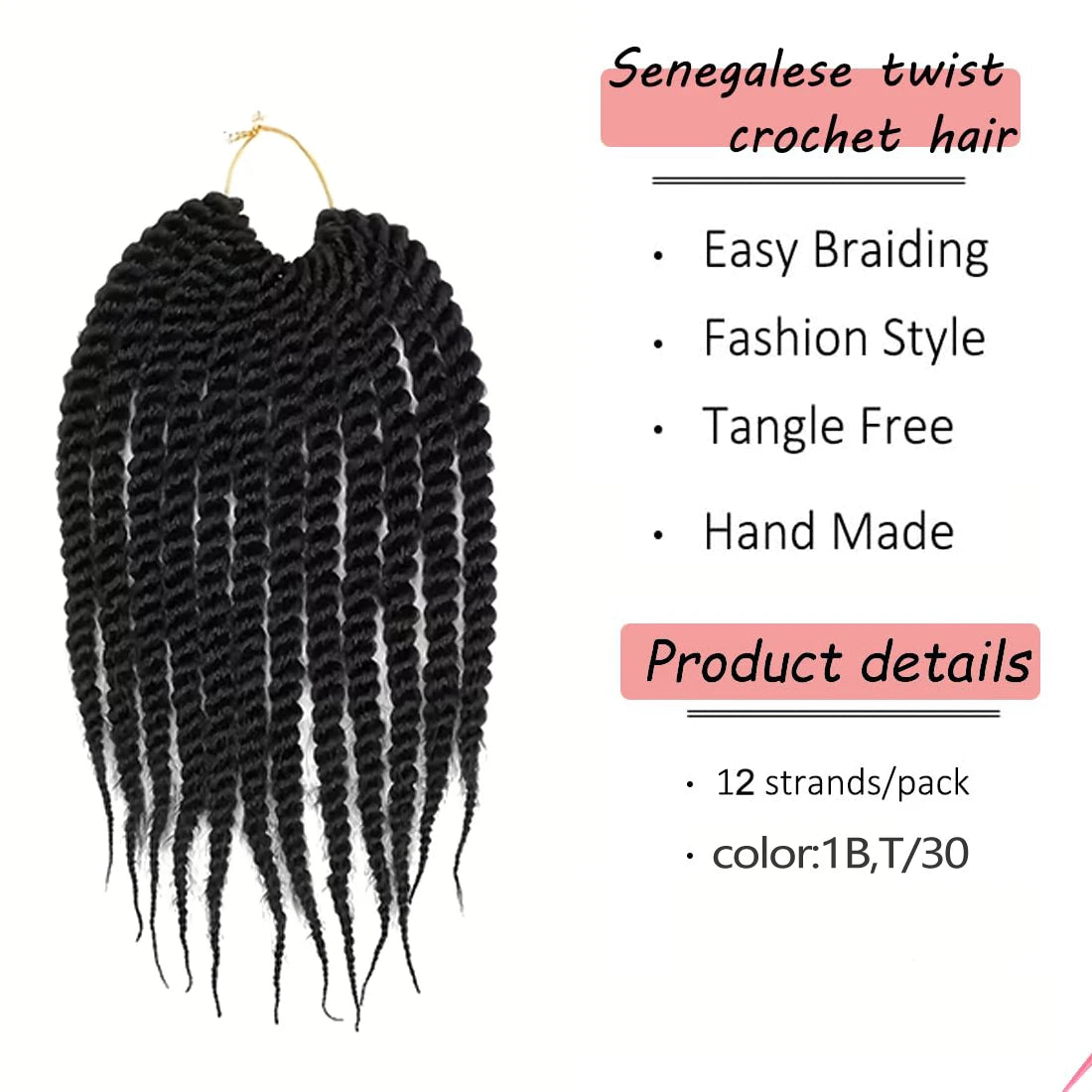 Senegalese Twist Crochet Braids High Temperature Synthetic Fiber, Lightweight & Odorless, Elastic & Soft, Elegant Style for Women