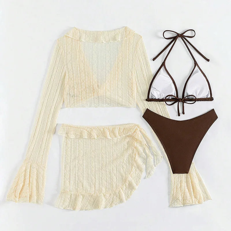Maillot de Bain Femme 4 Pièces | Bikini Brésilien | Cover-Up Manches Longues | Uni | Plage & Soirée | Été 2026
