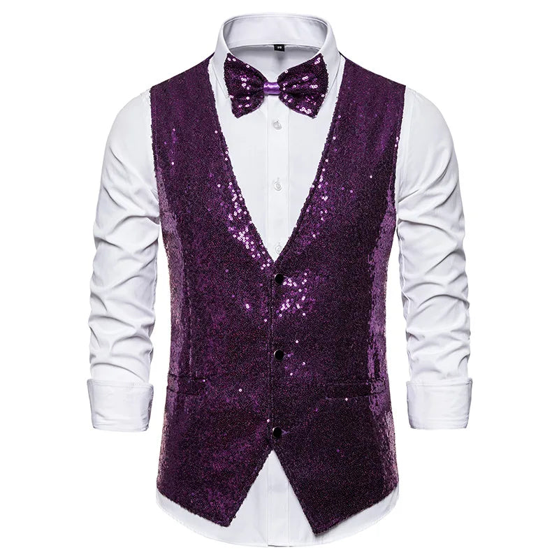 Luxury Vest for Men V-neck Slim Sparkling Tailcoat Solid Plain Waistcoat Bowtie Set Wedding Party Formal Sleeveless Jacket