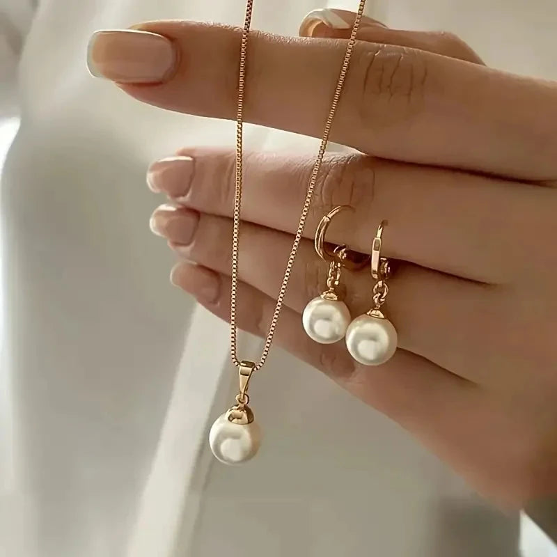 Stylish Pearl Jewelry Set for Women, Featuring Drop Earrings and Matching Necklace, Simple Elegant Everyday Wear and Party Acces