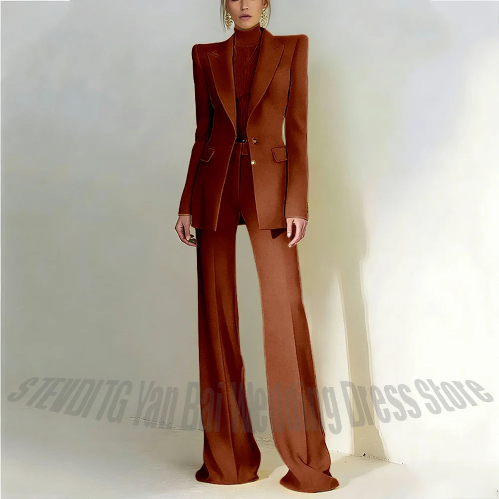 Women's Pant Suit 2 Piece Set Office Female Business Work Formal Jacket Trouser One Button Chic Yellow Peaked Lapel Elegant Suit