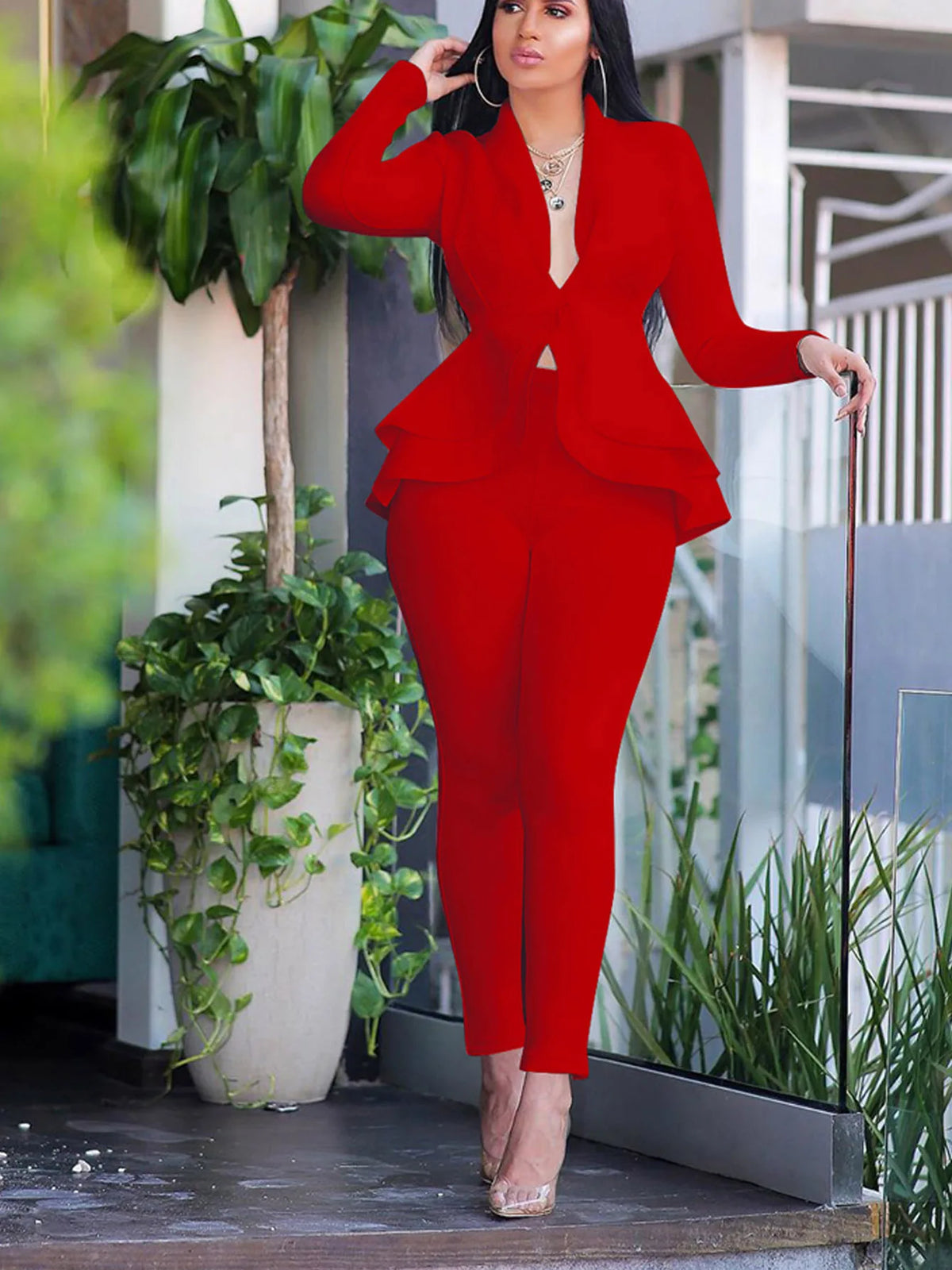 Women's Winter Tracksuit Set Full Sleeve Ruffled Blazer Pencil Pants Suit Two-Piece Set Office Lady Outfits Uniform