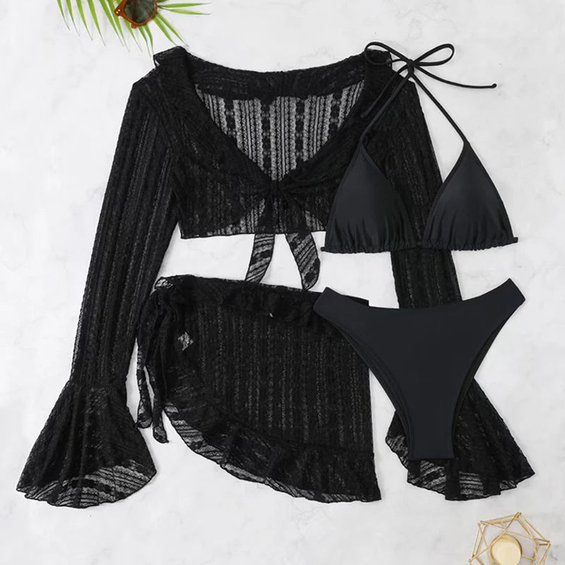 Maillot de Bain Femme 4 Pièces | Bikini Brésilien | Cover-Up Manches Longues | Uni | Plage & Soirée | Été 2026