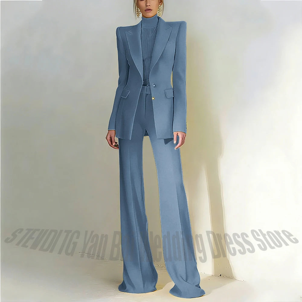 Women's Pant Suit 2 Piece Set Office Female Business Work Formal Jacket Trouser One Button Chic Yellow Peaked Lapel Elegant Suit