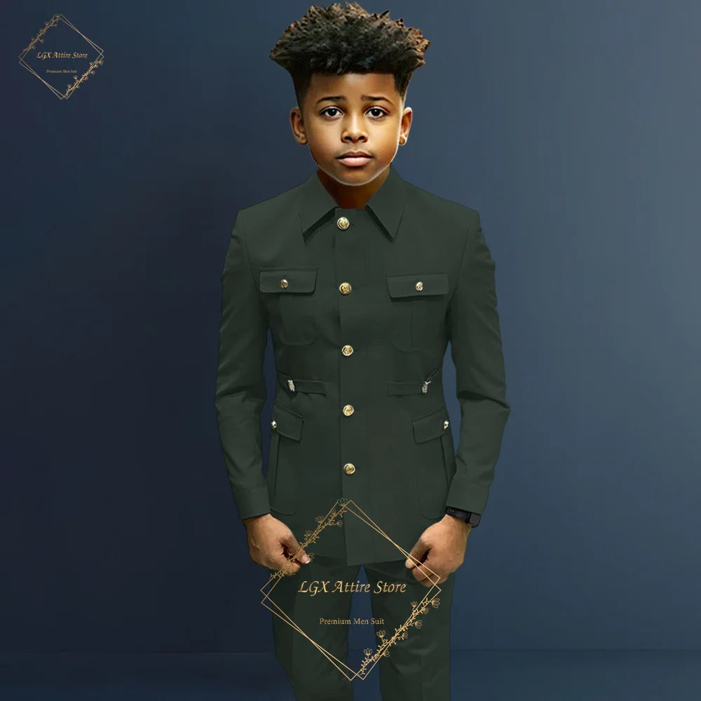 Boys single-breasted formal 2-piece suit, boys Zhongshan suit style long coat classic design suitable for ages 2-16