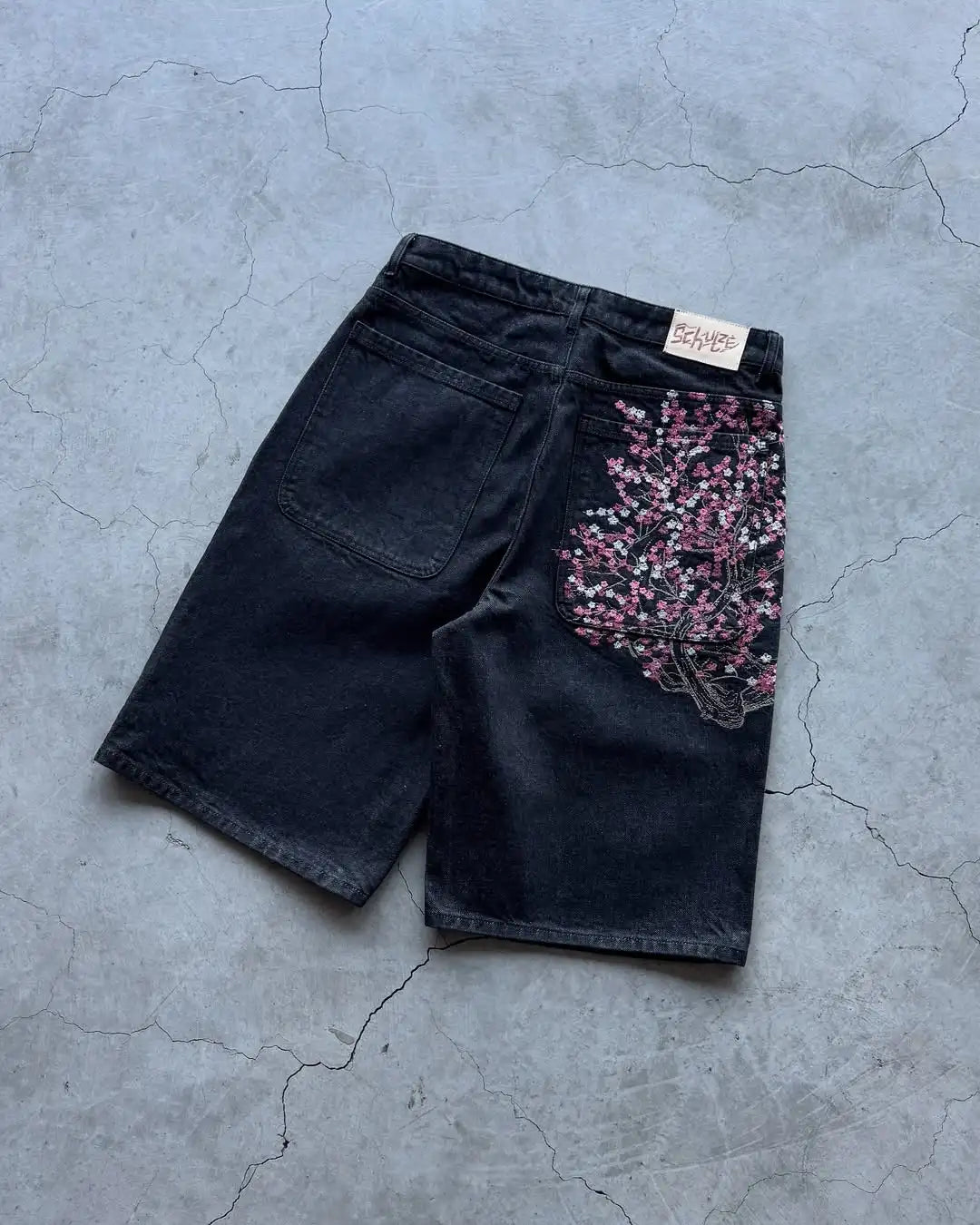 Jean Taille Basse Hip Hop | Fleurs Cerisier Brodé | Jambe Large Unisexe | Y2K Vintage Baggy