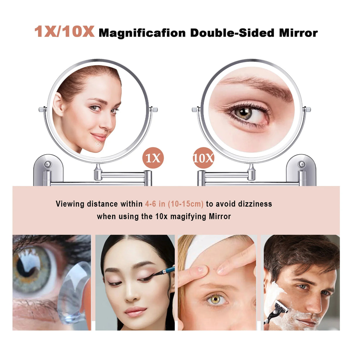 8" Wall Mounted Makeup Mirror With Lights, 10x Magnifying Mirror Wall Mount for Vanity, Bathroom and Shaving
