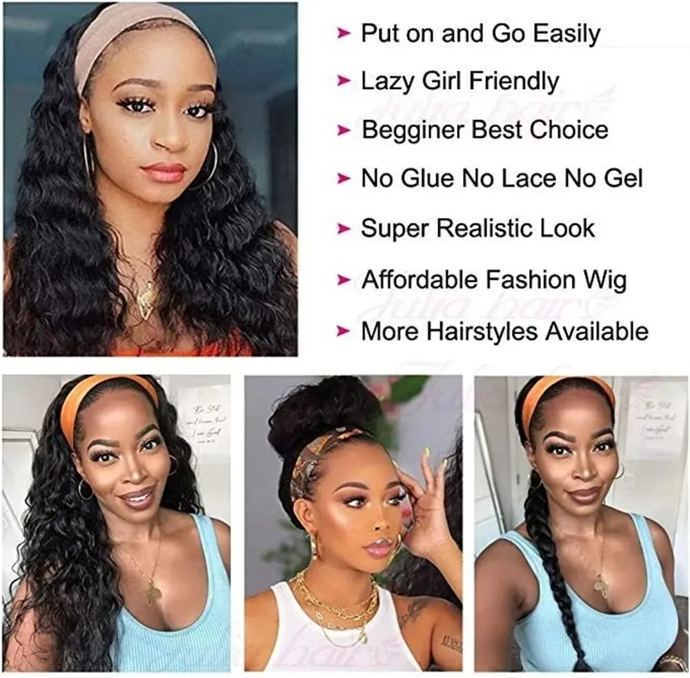 Perruque Headband Kinky Curly | Machine Made | Cheveux Humains Brésiliens Remy | 180% Densité | Couleur Naturelle
