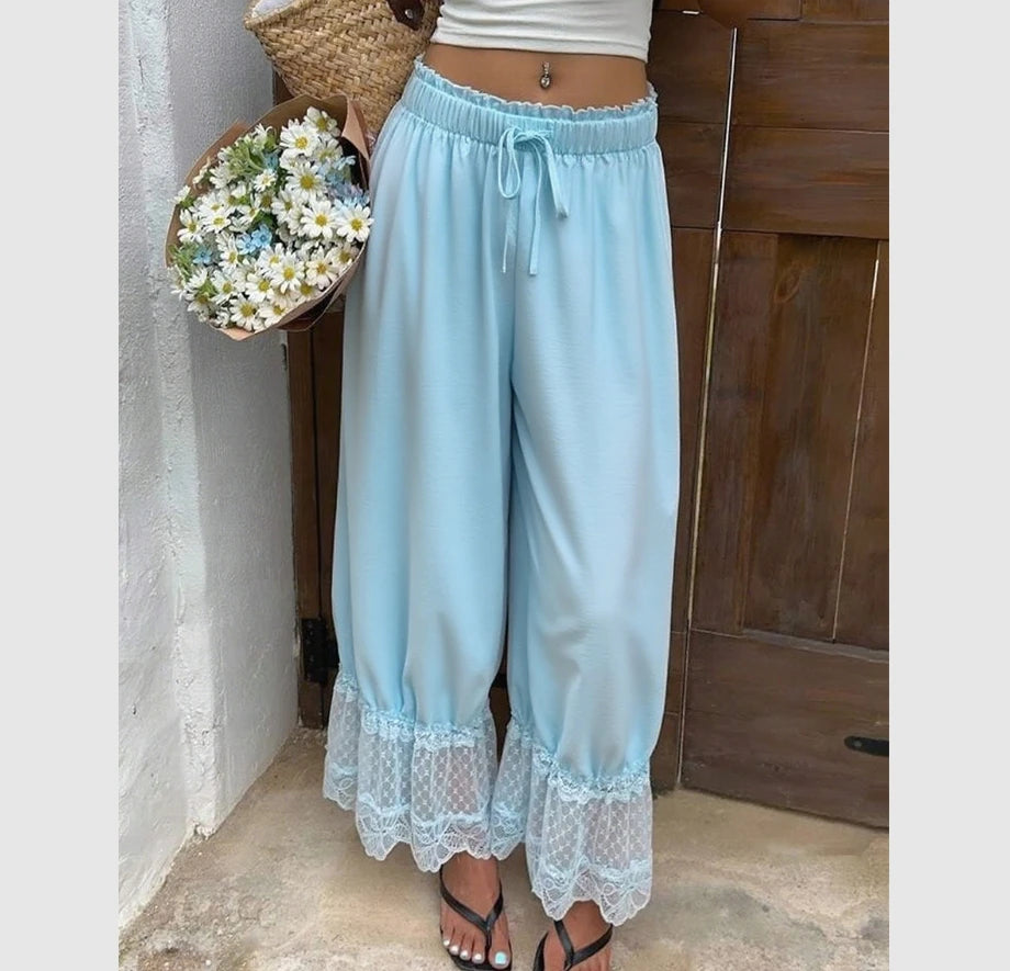Women's Wide Leg Pants White Polyester Lace Trim Hem Casual Loose Fit Summer Trousers Wide Leg Pants