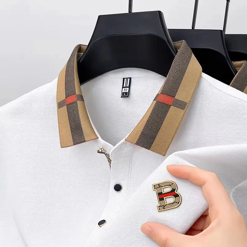 Luxury brand logo short-sleeved polo shirt for men's summer new high-end silk-cotton breathable casual fashion T-shirt clothing