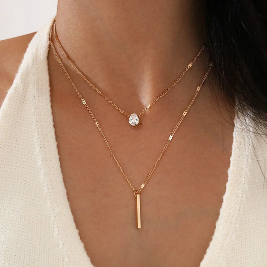 Collier Double Couche Goutte d'Eau Pendentif | Or Simple | Chaîne Cou Femme | Bijou Vintage Cadeau