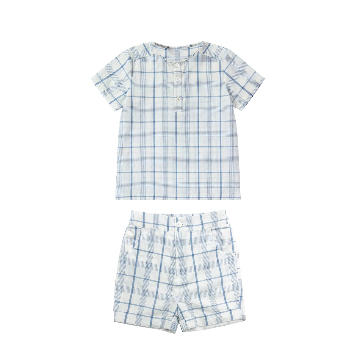 Tenue Famille Assortie AP Barcelone | Robe Fille Broderie & Ensemble Garçon Carreaux | Collection Bleue