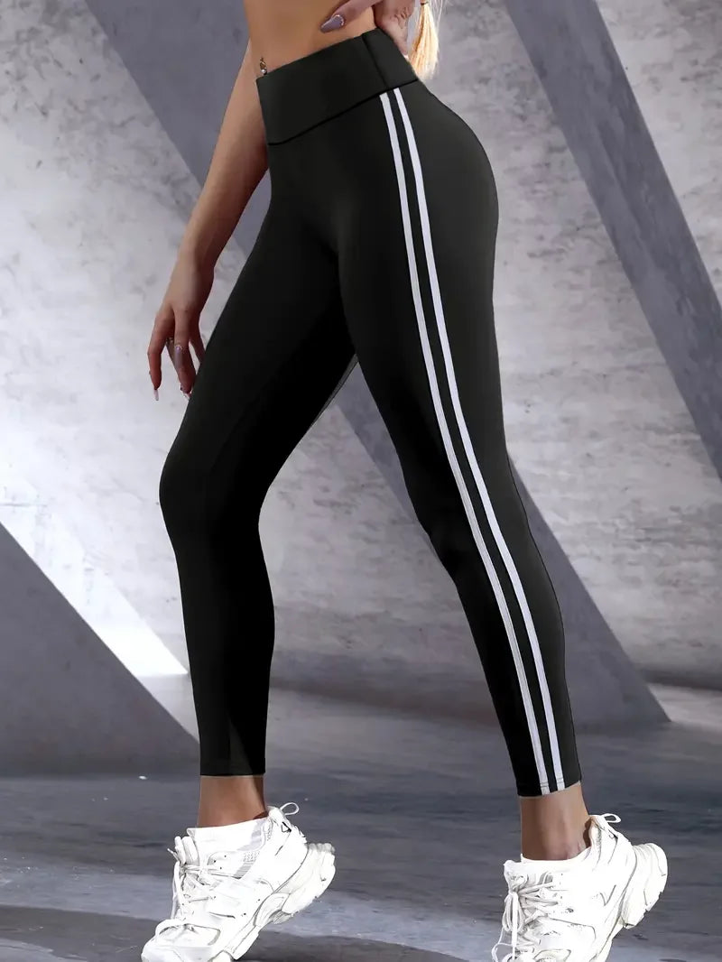 Women's High-Waisted Elastic Leggings - Thin Double-Stripe - Spring/Autumn - Running Sports - Tight-fitting Small Feet Design - Nine-Point Length