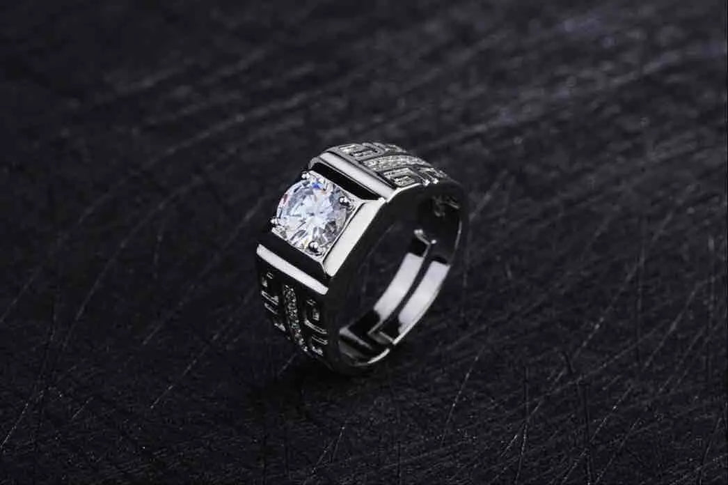 Bague Argent 925 Cristal Brillant Ajustable | Fiançailles Mariage | Bijou Homme Cadeau