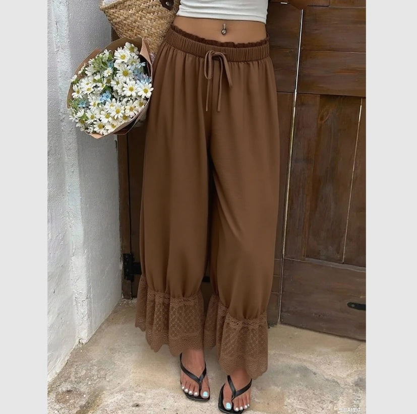 Women's Wide Leg Pants White Polyester Lace Trim Hem Casual Loose Fit Summer Trousers Wide Leg Pants