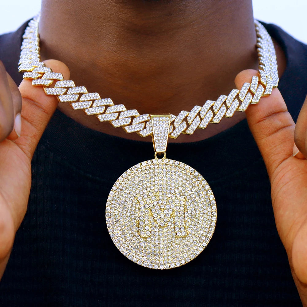 Men's Initial Name Pendant Necklace with Hip Hop Iced Out Rhinestone Paved Cuban Link Chain Necklace Fashion Birthday Jewelry Gift