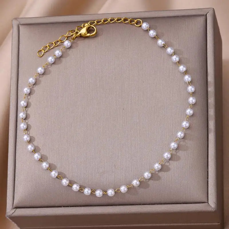 Anklets for Women Summer Beach Accessories Stainless Steel Imitation Pearl Chain Anklet Gold Color Leg Bracelets Bodychain Gifts
