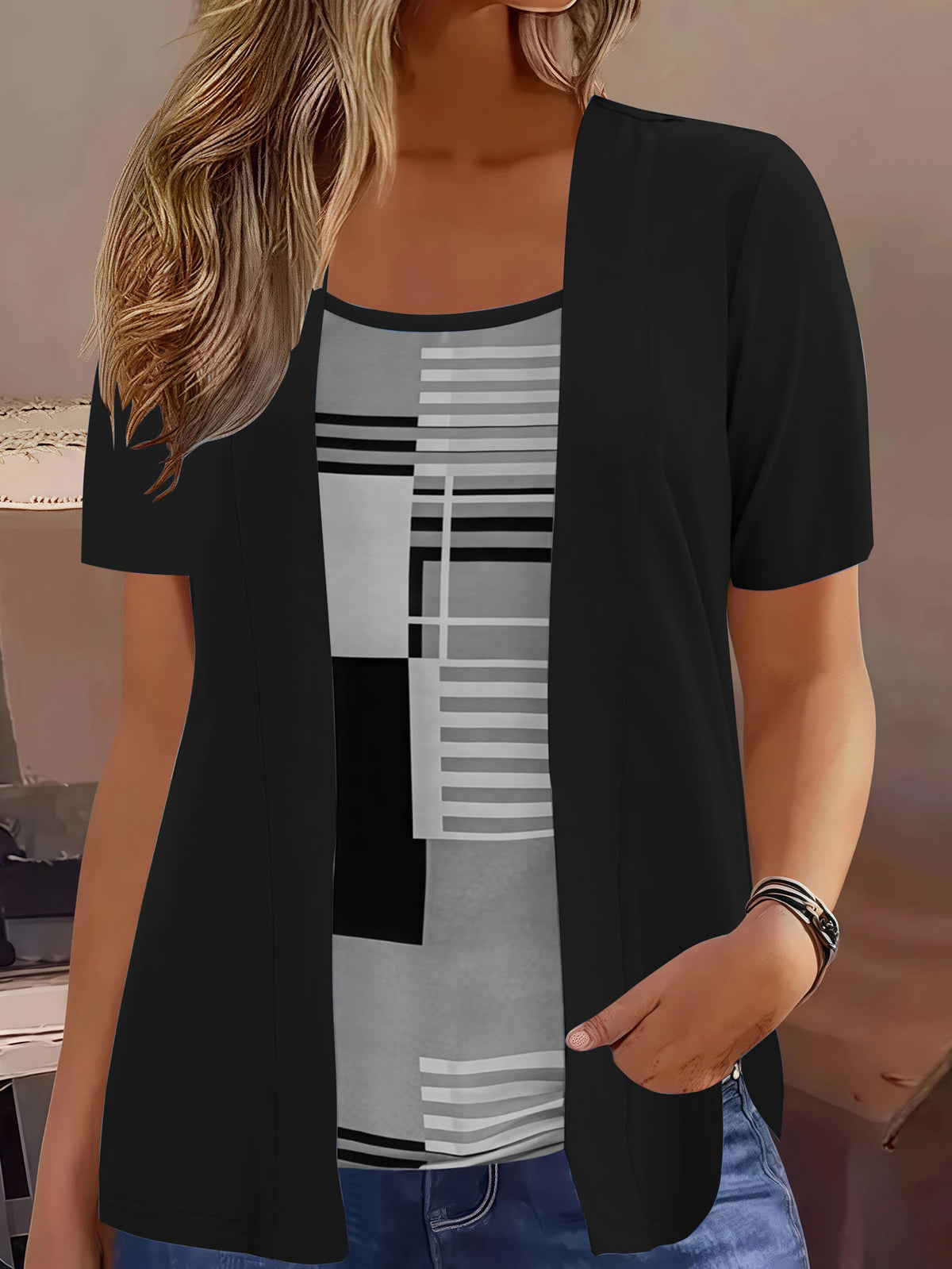 Elegant Geometric Print Mock Two-Piece T-Shirt | Plus Size Women's Summer Casual Top | Fashion Patchwork Design