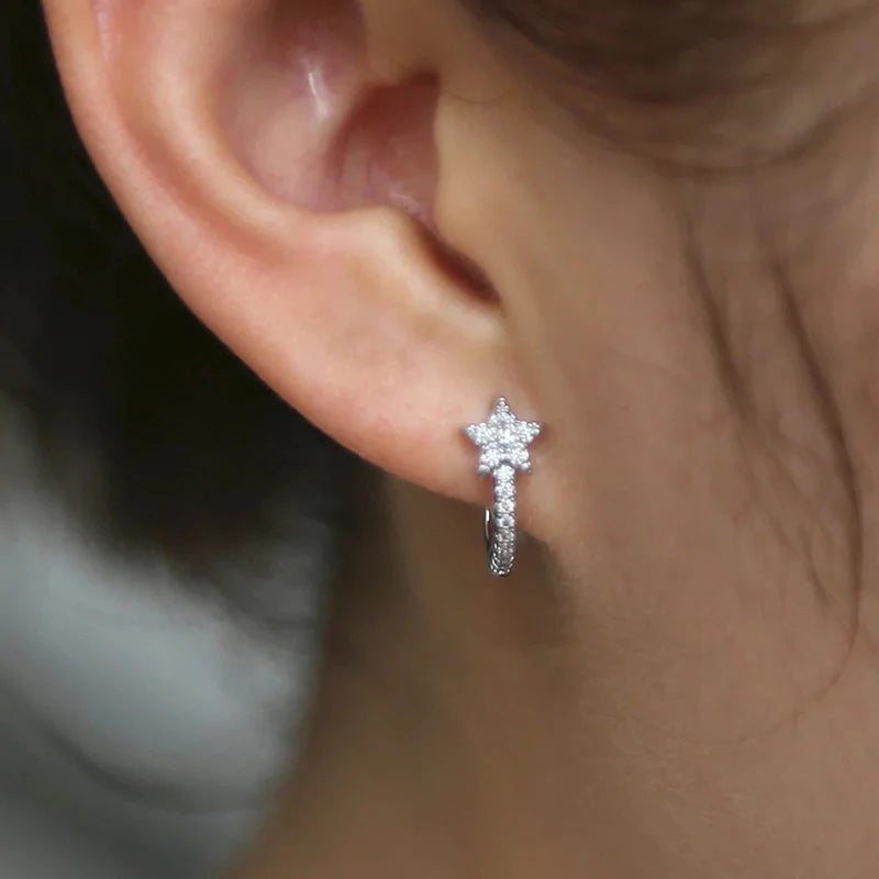 Huitan Fashion Star Hoop Earrings with Dazzling CZ Simple Stylish Ear Accessories for Women Silver Color Exquisite Jewelry