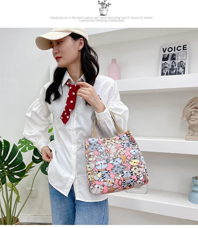 Fashionable Top-Handle Bag with Cute Cat Pattern, Portable Mommy Bag for Women