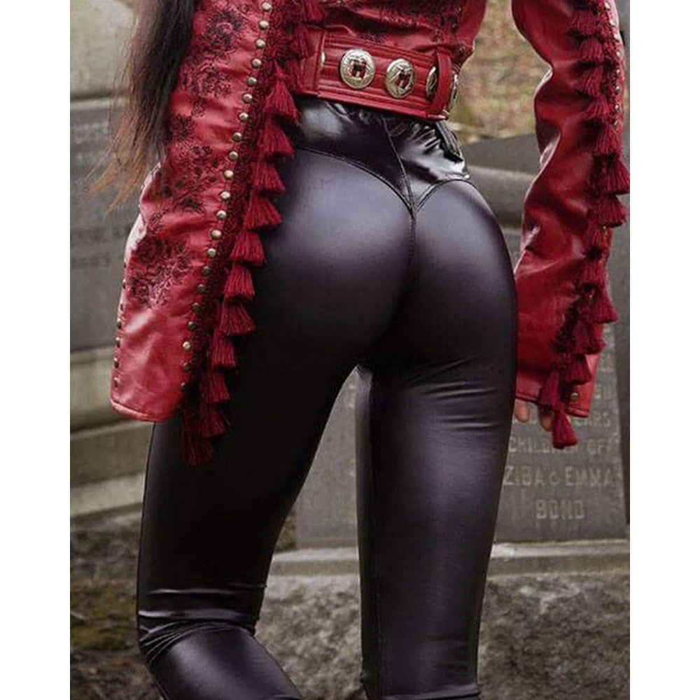 2025 Spring Autumn Women High Waist PU Leather Skinny Push Up Pants Sporty Female Faux Leather Leggings Streetwear Clothing traf
