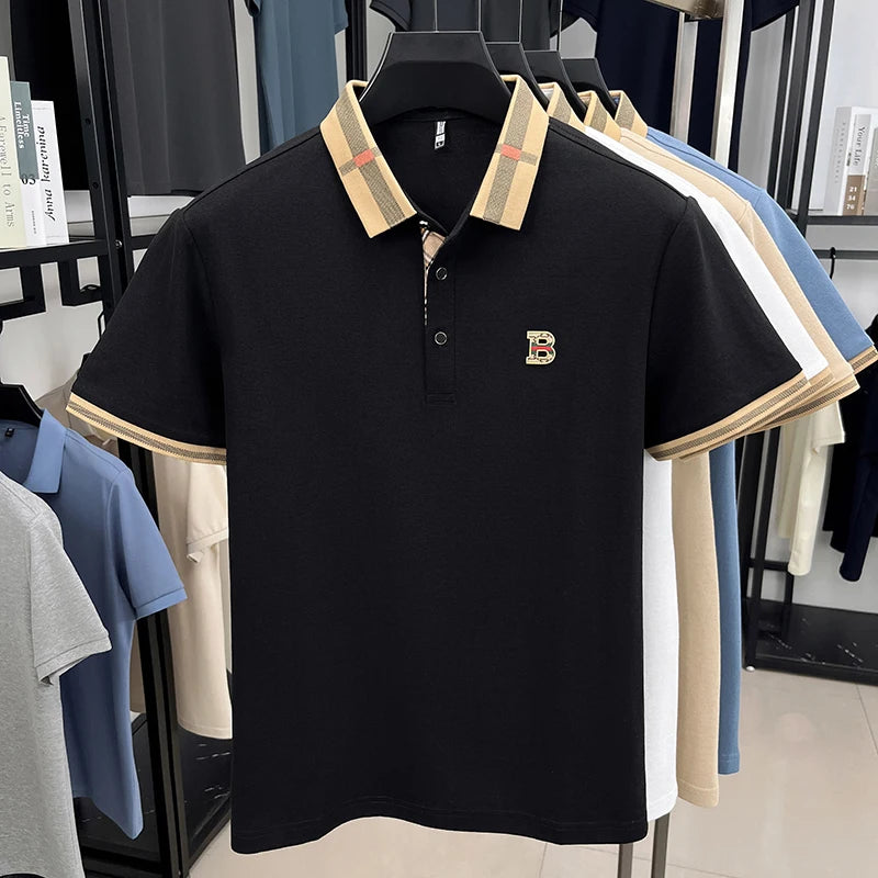 Luxury brand logo short-sleeved polo shirt for men's summer new high-end silk-cotton breathable casual fashion T-shirt clothing