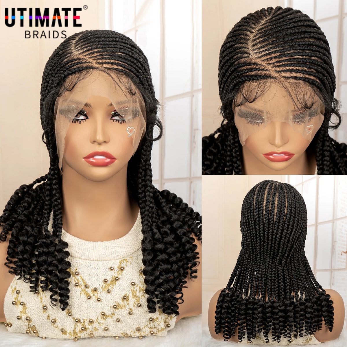 Perruque Tresses Cornrow Synthétique | Full Lace | Knotless Boucles Extrémités | Afro | Lace Frontal | Femmes Noires