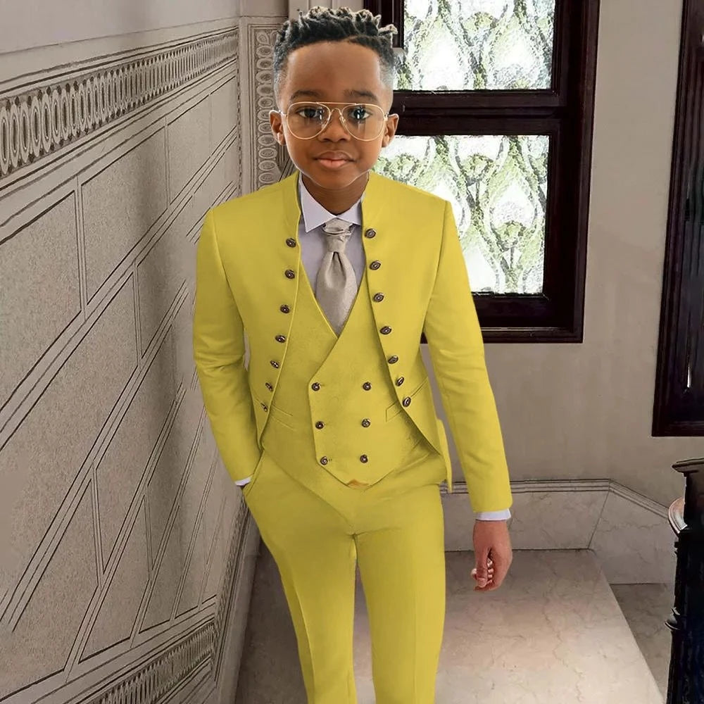 Fashionable Kids Stand-up Collar Suits 3 Pieces Jacket Vest Pants Performance Outfit Comfortable Boys Tuxedo Wedding Guest Wear