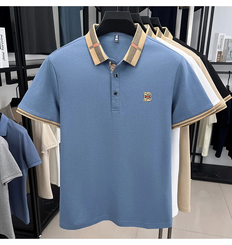 Luxury brand logo short-sleeved polo shirt for men's summer new high-end silk-cotton breathable casual fashion T-shirt clothing