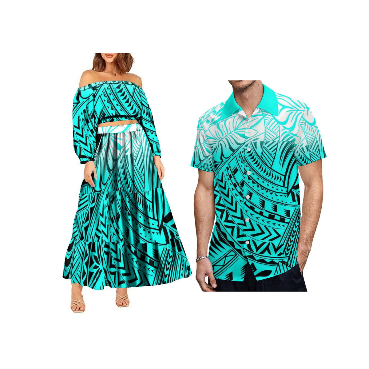 2024 Trendy 2 Piece Set Custom Polynesian Tribal One Shoulder Long Sleeve Crop Top Maxi Skirt Plus Size Women's Sets Dress