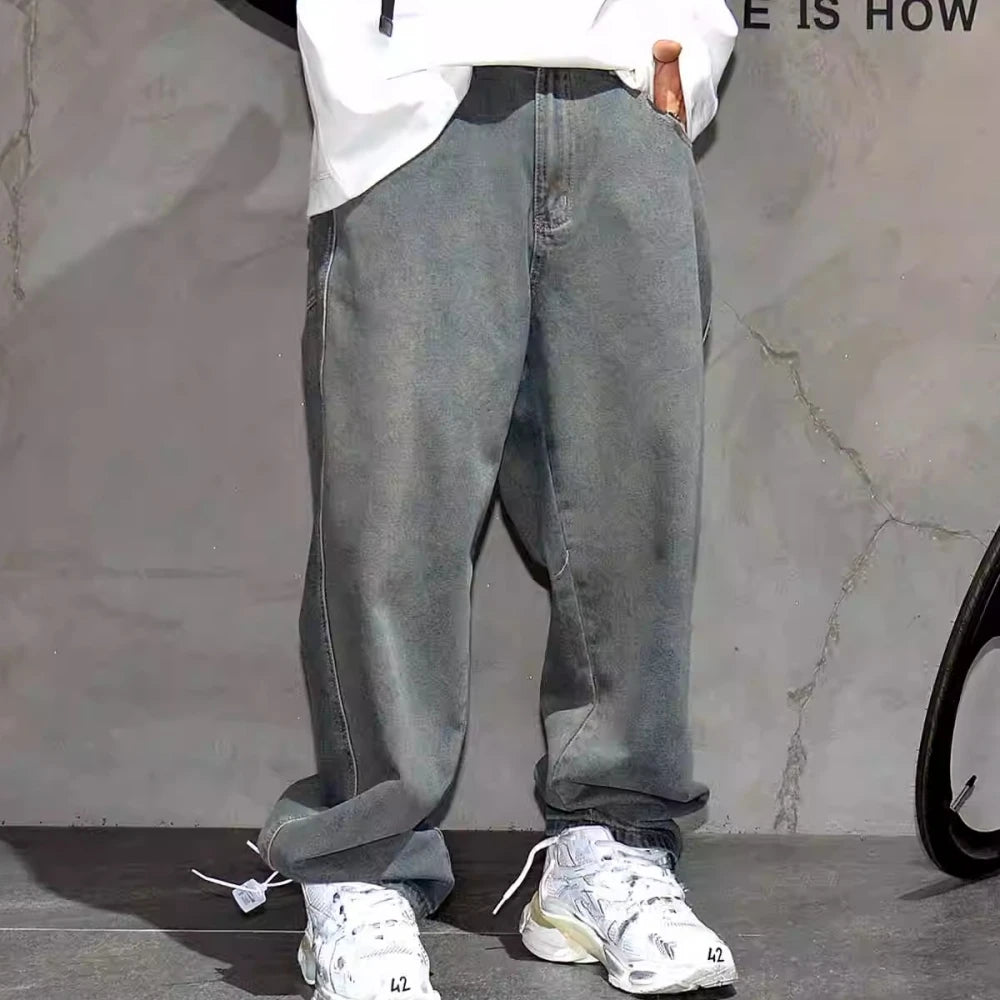 American Streetwear Baggy Jeans For Men's Clothing Vintage Distressed Gray Denim Pants Harajuku Casual Skateboard Pants Male