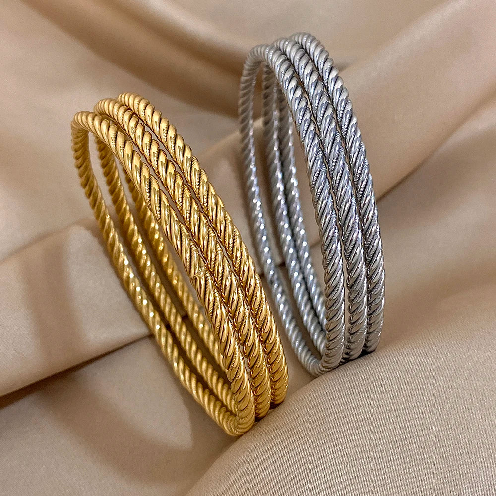 Lot 3 Bracelets Jonc Torsadés | Plaqué Or 18k Acier Inoxydable | Empilés Tendance | Bijou Femme Imperméable