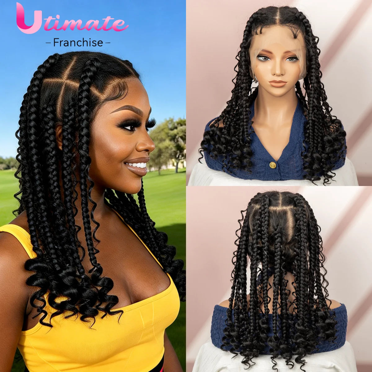 Perruque Full Lace Tresses Box Braids Boho Knotless | 16 Pouces | Bob Court | Synthétique Crochet | Femme