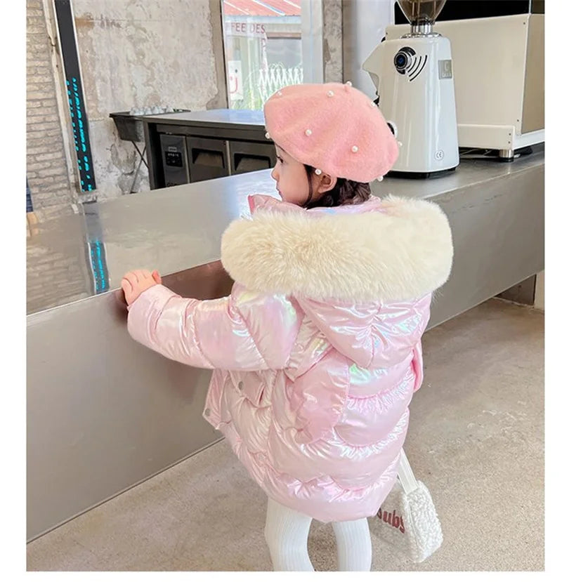 Doudoune Longue Fille Licorne | Imperméable Brillante | Col Fourrure Capuche | Parka Enfant Hiver