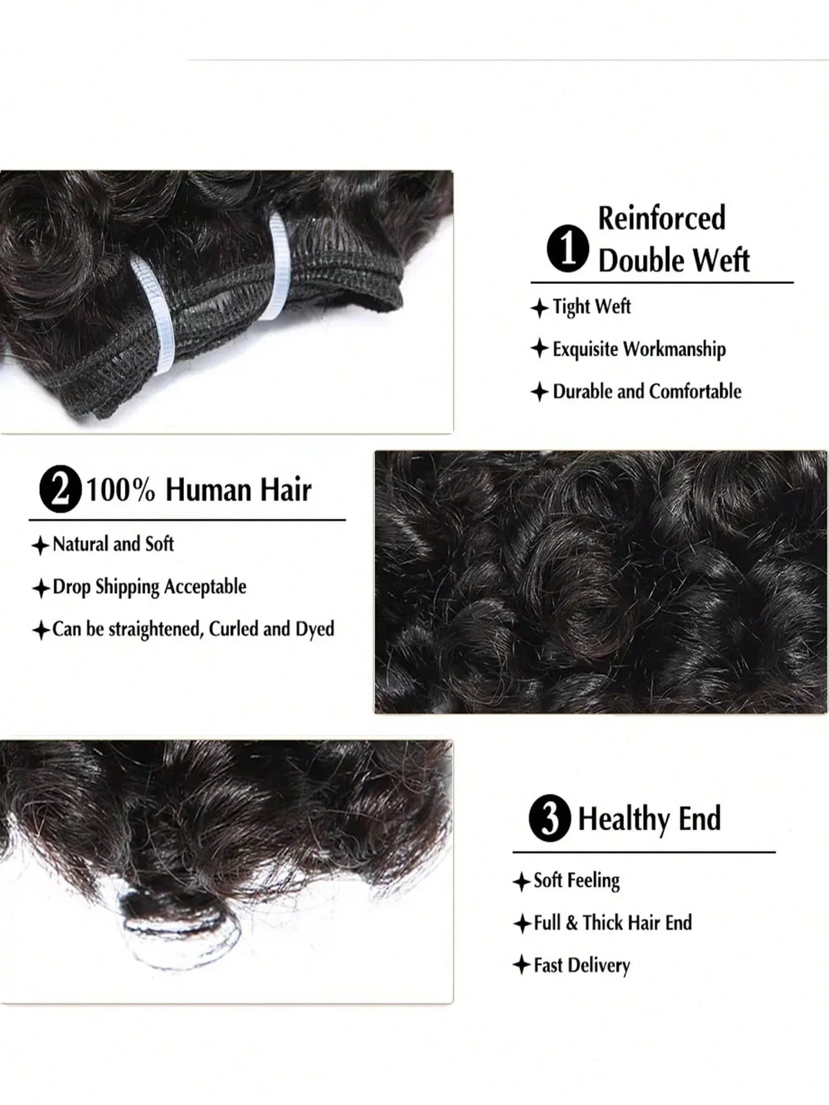 Tissage Bouncy Curly Cheveux Humains Remy | 3 Pièces | 6 Pouces | Couleur Naturelle | Extensions