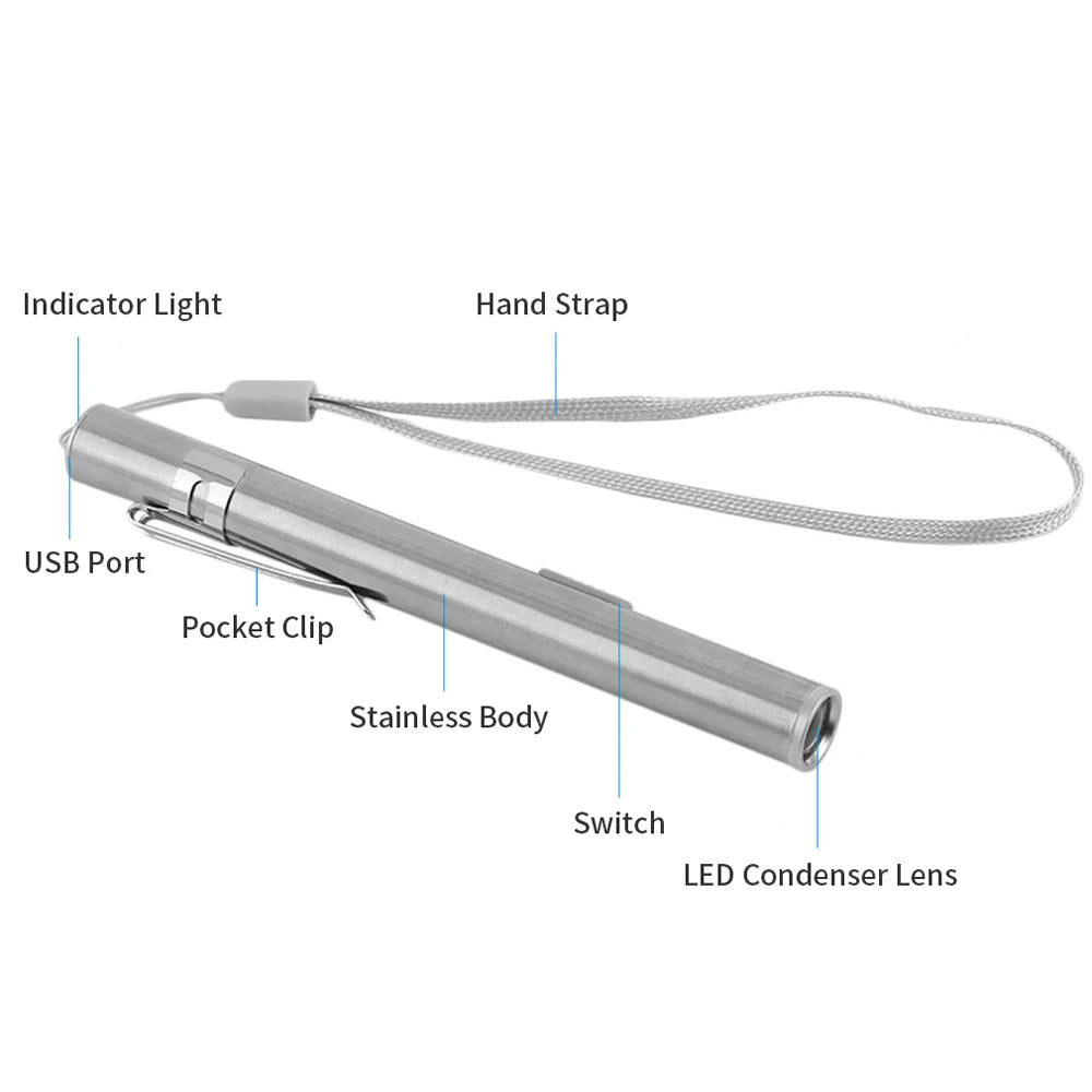 USB Rechargeable Portable Pen Light Handy Mini Medical Flashlight LED Torch Lamp with Stainless Steel Clip Pocket LED Lights