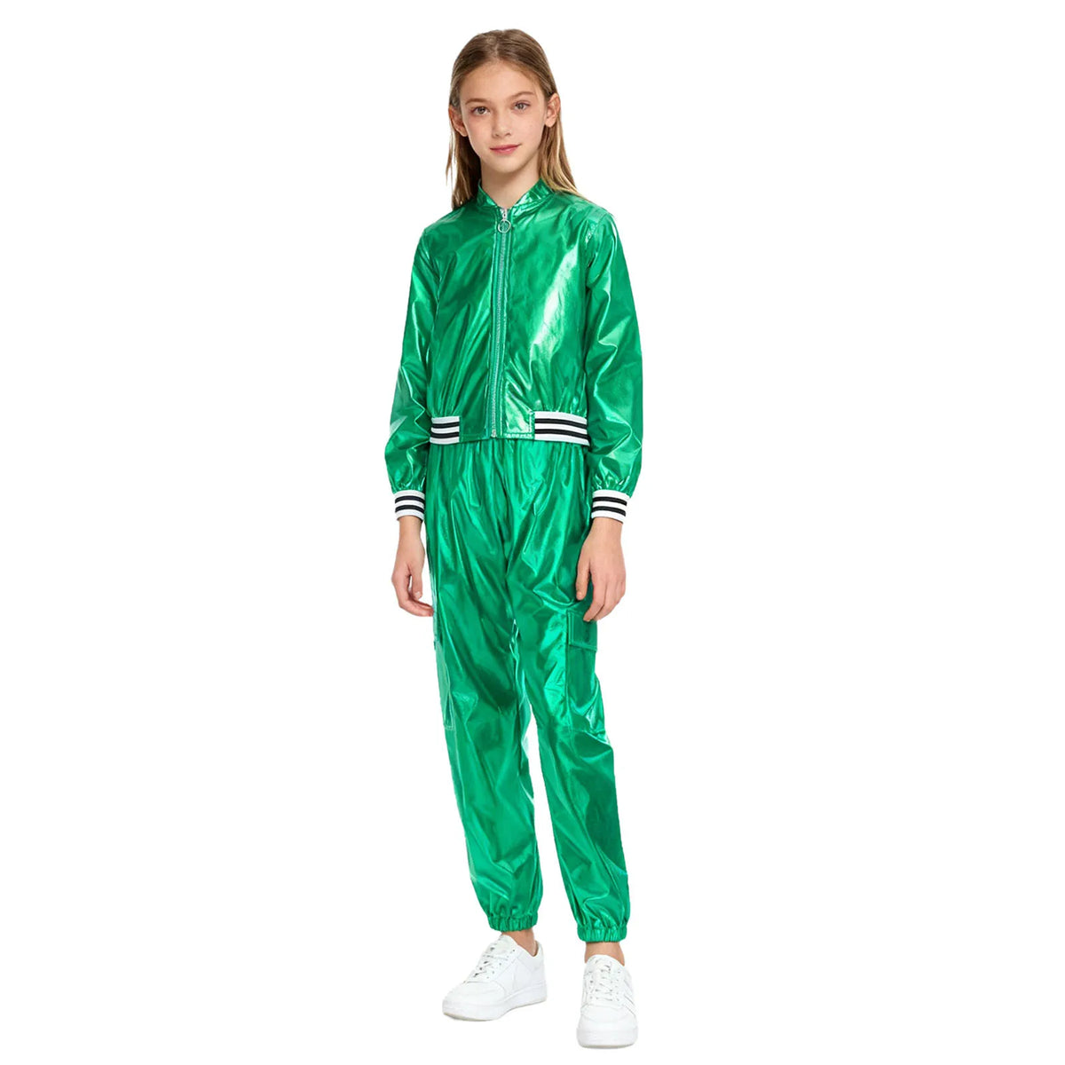 Ensemble Danse Fille Hip Hop | Veste Bomber Métallique & Pantalon | Costume Scène Carnaval Jazz