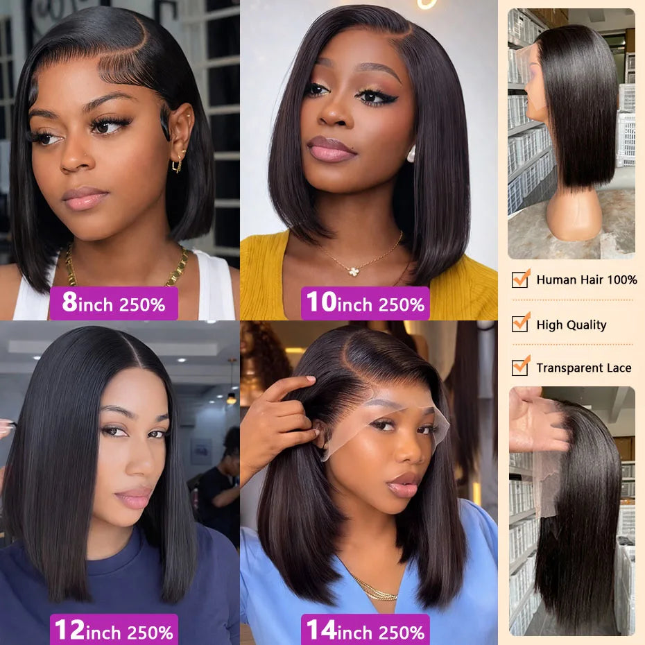 Perruque Bob Super Double Drawn | 250-300% Densité | 13x6 & 13x4 & 2x6 & 5x5 Lace | Glueless | Cheveux Humains | Femmes Noires