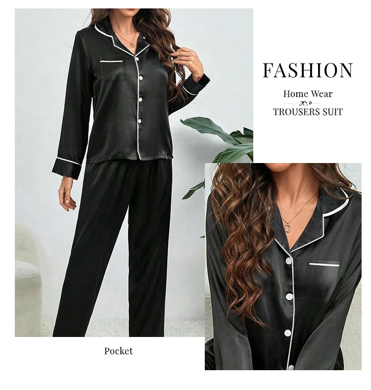 Plus Size Pajamas Women Fall and Winter Ice Silk Long Sleeve Two Piece Set Loungewear Nightwear Ladies Solid Color Sleepwear