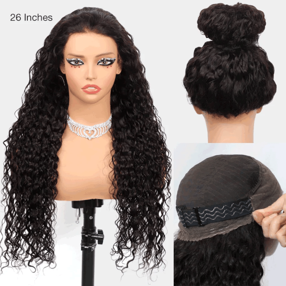 No Glue Upgrade 30 inch 250% HD 360 Lace Front Kinky Curly Wig Drawstring Lace Black Human Hair Water 360 Full Glueless Wigs