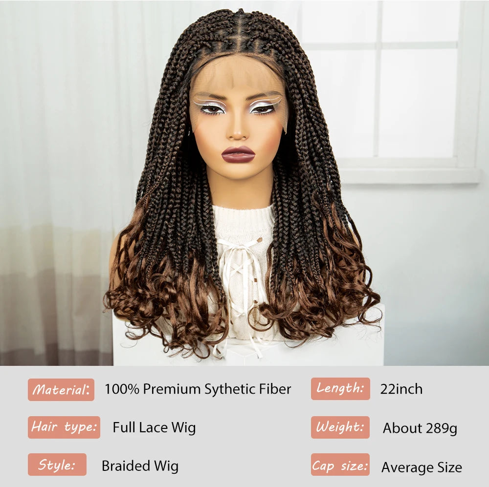 Perruque Tressée 360 Full Lace Synthétique | Knotless Box Braids | Baby Hair | Boho Boucles Extrémités | Femme