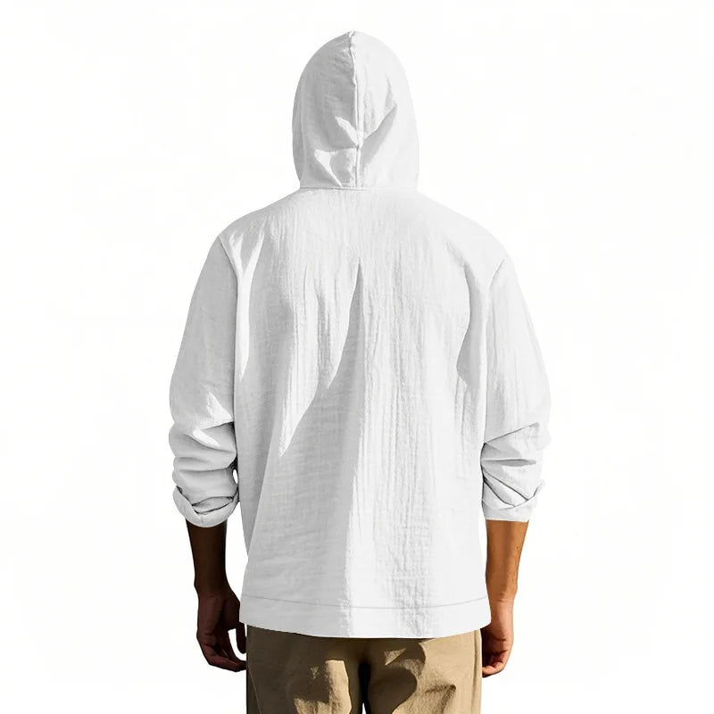 Men's Linen Hoodie Shirt Casual Slim Fit Hooded Long Sleeve Solid Button Down T-shirt Tops New Men Spring Summer Vacation Shirts