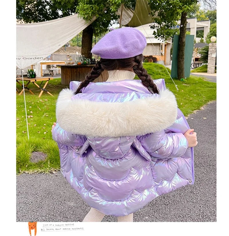 Doudoune Longue Fille Licorne | Imperméable Brillante | Col Fourrure Capuche | Parka Enfant Hiver