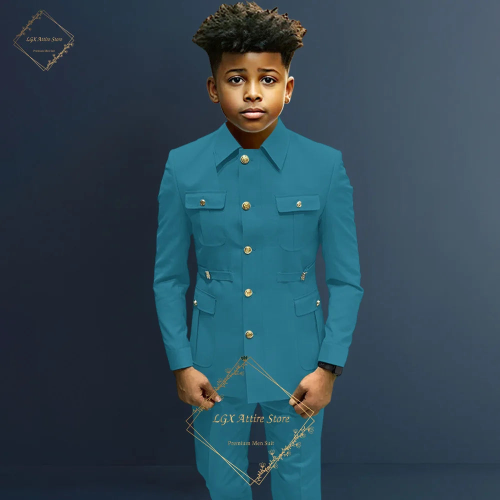 Boys single-breasted formal 2-piece suit, boys Zhongshan suit style long coat classic design suitable for ages 2-16